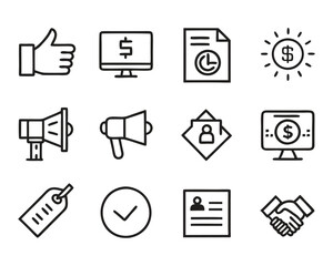 Business marketing thin line icon set. Containing sponsor, agreement, donation, handshake, partnership, trust, money, social media, megaphone, campaign, purchase, donation. Vector illustration