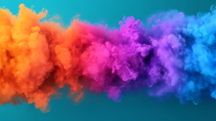 Fototapeta premium A vibrant explosion of colorful smoke in shades of orange, pink, purple, and blue against a turquoise background, creating a dynamic and artistic visual.