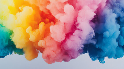 Fototapeta premium A vibrant explosion of colorful smoke, blending shades of pink, blue, yellow, and green against a clean white background, ideal for artistic designs and creative projects.