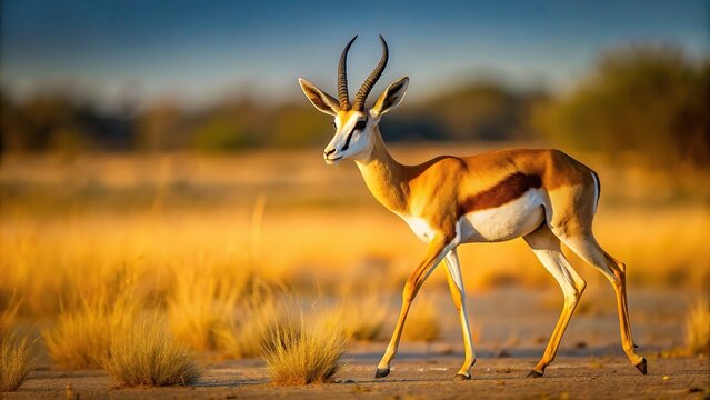 A stunning photo capturing a springbok gracefully pronking in the scenic landscape of the Central Kalahari Desert, arid, Central Kalahari, graceful, Kalahari Desert, wilderness, Botswana