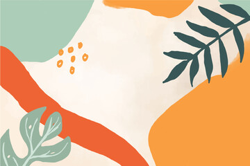 Abstract art banner featuring watercolor leaves branches combined with hand-drawn doodle scribble floral plants.