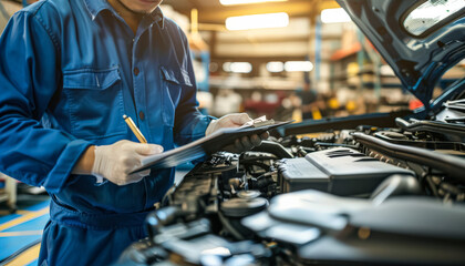 Mechanic is writing on a clipboard while looking at a car engine. The clipboard has a list of items to check, and the mechanic is making sure everything is in order