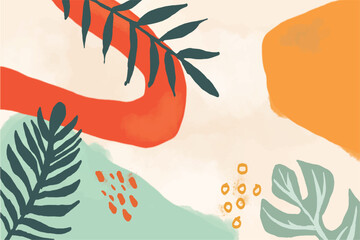 Abstract art banner featuring watercolor leaves branches combined with hand-drawn doodle scribble floral plants.