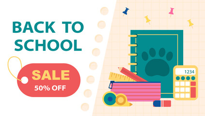 Back to school sale. Textbook, ruler and pencil. Discount and promotion. Education, learning and training. Marketing and commerce. Landing webpage design. Flat vector illustration