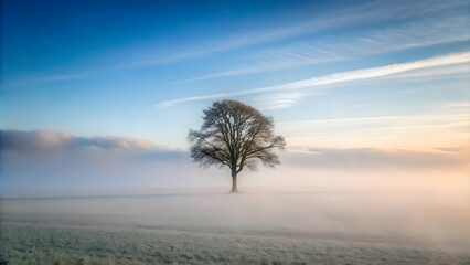 Obraz premium Minimalist Foggy Field with Lone Tree. Minimalist Fog-Covered Landscape with Lone Tree