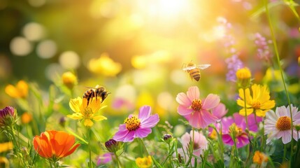 Obraz premium Bees pollinating vibrant flowers in a sunlit garden during the warm spring afternoon