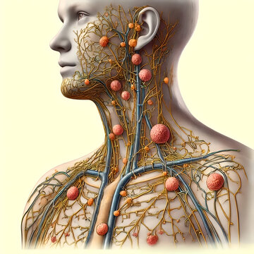 Anatomical diagram structure and location of lymph nodes throughout human body. major clusters of lymph nodes in areas such as neck (cervical), armpits (axillary), groin (inguinal), abdomen.