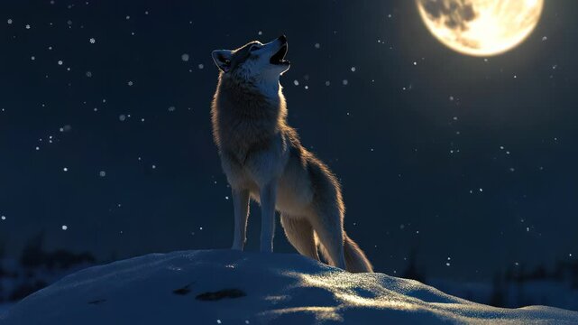 A lone wolf howls at the moon in a snowy landscape.