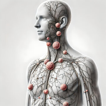 Anatomical diagram structure and location of lymph nodes throughout human body. major clusters of lymph nodes in areas such as neck (cervical), armpits (axillary), groin (inguinal), abdomen.