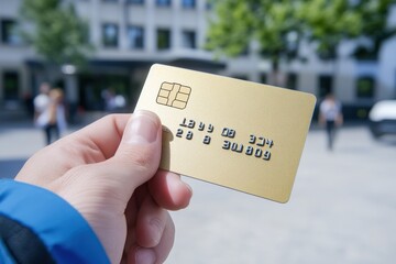 Close-up of a hand holding a gold credit card with a blurred urban background, symbolizing banking, finance, and transactions.
