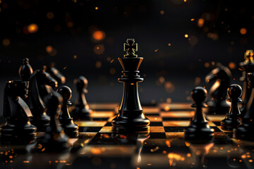Chess board with a black king in the middle. The king is surrounded by other pieces, including pawns and knights. The image has a dark and dramatic mood