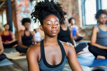 Fototapeta premium A group of diverse women practicing yoga indoors, focusing on mindfulness and relaxation. The scene captures a sense of harmony and wellness.