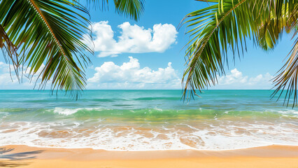 A stunning tropical beach scene with clear blue skies, palm trees, and gentle waves on a sunny day, perfect for relaxation and vacation inspiration.