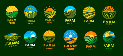 Agriculture farm food icons, rural field landscape and sun vector badges. Organic farm fields with green crop plants and garden trees under blue sky isolated round symbols, agriculture harvest themes