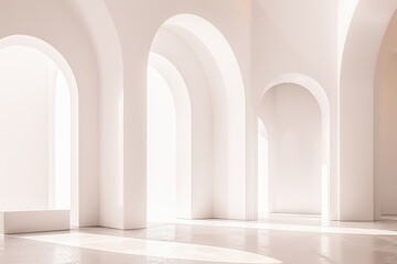 Fototapeta premium A minimalist interior featuring elegant arches and bright white walls, showcasing modern architectural design with beautiful light and shadows.