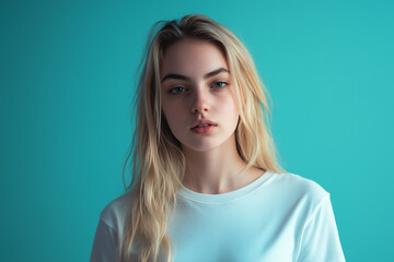 Fototapeta premium Braided blonde girl in white t-shirt with black edges, turquoise and aquamarine studio background