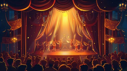 The audience is enthralled by a lively theater performance featuring actors in stunning costumes showcasing their talents on stage. Generative AI