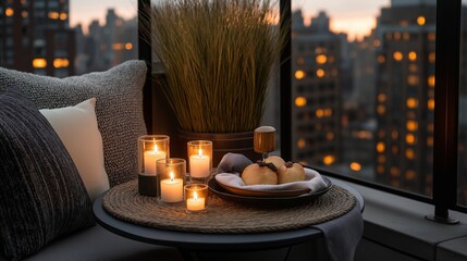 A cozy rooftop dinner setting with lit candles, soft pillows, and a cityscape view during sunset, creating an intimate and warm atmosphere for a relaxing evening meal