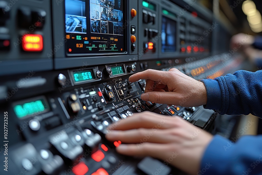 Poster hand adjusting control panel with multiple buttons and displays