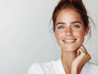 Freshfaced woman with glowing skin and light freckles, natural beauty, clear and radiant complexion