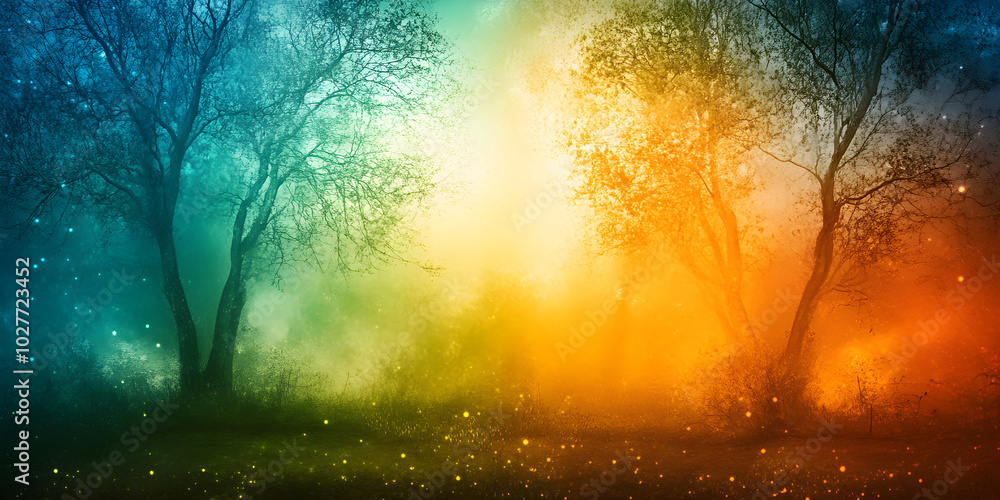Poster An abstract background features enchanted trees silhouetted against a gradient of vibrant colors, creating a mystical and dreamy atmosphere