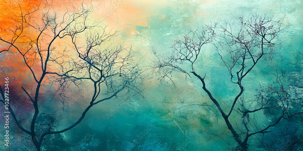 Aufkleber an abstract background showcases enchanting trees against a colorful gradient, blending warm and coo