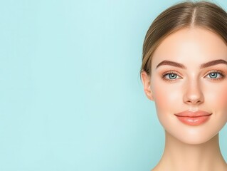 Fototapeta premium Freshfaced woman smiling softly, clear skin, natural and radiant look