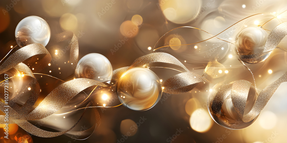 Poster abstract background featuring shimmering holiday ornaments and flowing ribbons creating a festive at