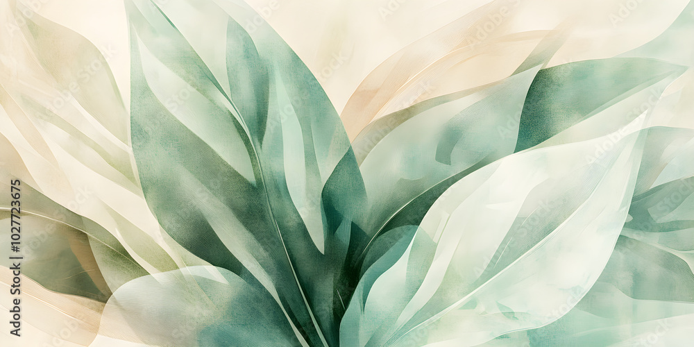 Poster abstract background features large, stylized leaves in soft green and beige hues creating a serene a