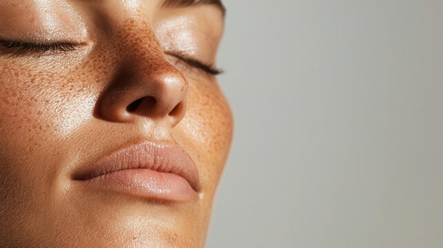 Closeup of a freshfaced woman with dewy skin, minimal makeup, healthy and vibrant complexion