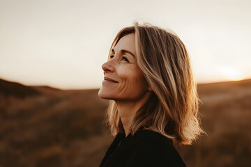 Fototapeta premium A graceful woman smiles softly while gazing toward the horizon in a serene landscape during golden hour