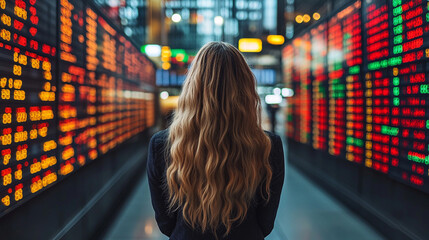 businesswoman in a suit stands with her back to the viewer, symbolizing ambition, professionalism, and leadership. Her confident stance conveys focus, determination, and the pursuit of success