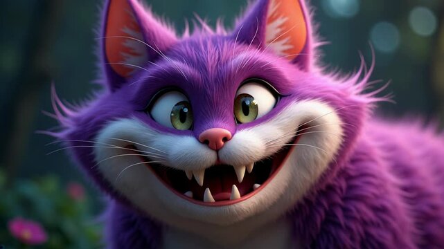 A striking image of the Cheshire Cat from Alice in Wonderland, with its iconic wide grin and vibrant blue fur glowing against a dark background.