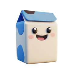 Obraz premium Cartoon 3D milk carton in kawaii style. Funny milk carton with face and smile isolated on transparent background. 3D art milk character.