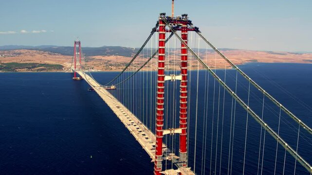 The ongoing construction of the massive engineering project, the 1915 &Ccedil;anakkale Bridge, stretches between Lapseki and Gelibolu.