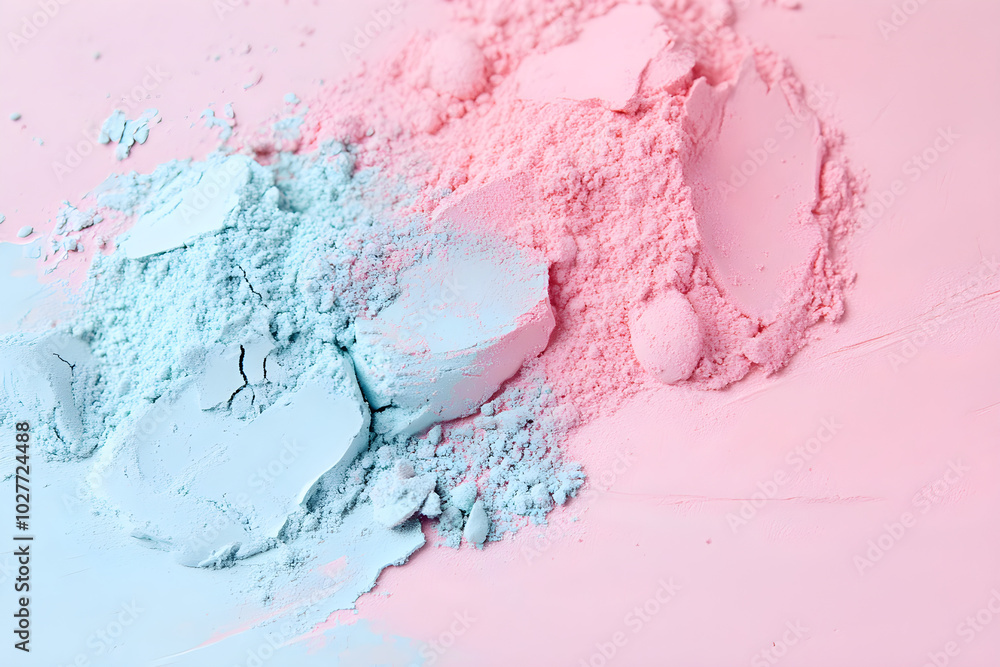 Poster Minimalistic photo of colorful powdered highlighter in pink and blue hues creating an artistic display on a smooth surface