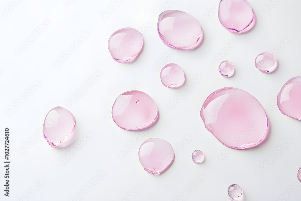 Poster minimalistic photo of translucent pink highlighter droplets on a clean white surface creating an aes