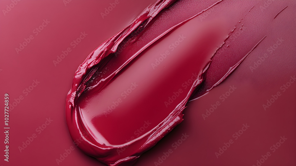 Poster minimalistic photo of lipstick smeared across a deep red surface highlighting its glossy texture and
