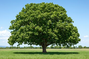 Freshly greened spring meadow with a huge tree