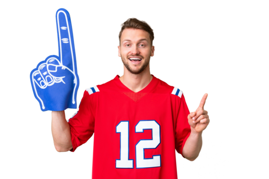 Young caucasian sports fan man over isolated chroma key background pointing up a great idea