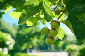 Obraz premium Acorn hanging from a tree, oak leaf background, nature summer
