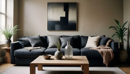 A stylish boho living room featuring a black sofa adorned with cozy anthracite cushions, creating a chic and inviting space.