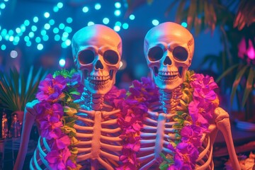Playful skeletons with tropical flowers and neon lights at a vibrant Halloween party
