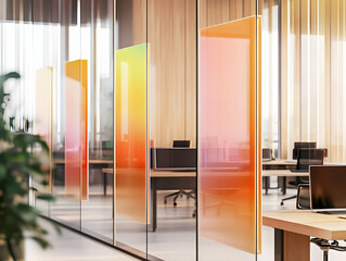 Modern office space with colorful glass partitions and minimalistic design.