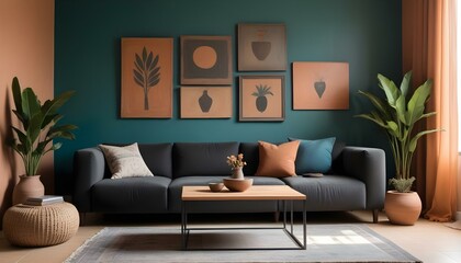 A stylish boho living room featuring a black sofa adorned with cozy anthracite cushions, creating a chic and inviting space.