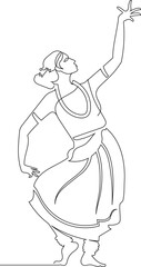 continuous line drawing. women's Indian dance form. dancer in a traditional sari and costume and jewelry