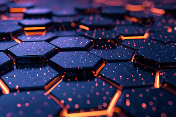 Fototapeta premium Close up of a pattern of hexagons with a lot of orange and black. The pattern is very busy and the colors are very bright. The image has a lot of energy and movement