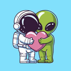 An illustration of an astronaut and an alien embracing each other. The astronaut is dressed in a white spacesuit with a black helmet. The
alien has a green hue and large black eyes.