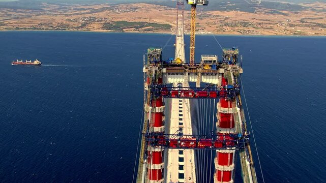 The ongoing construction of the massive engineering project, the 1915 &Ccedil;anakkale Bridge, stretches between Lapseki and Gelibolu.