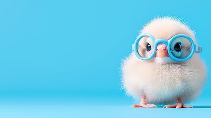 Fototapeta premium Cute chick with glasses on a bright blue background.